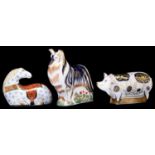 Three Royal Crown Derby paperweights,  comprising horse, pig and sheep dog, printed mark, gilt