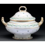 A Derby soup tureen and cover, c1825, enamelled and gilt with trailing border and French sprigs,