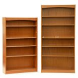 Two teak  open bookcases, 1970/80s, the larger 180cm h; 28 x 89cm Good condition