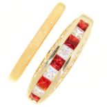 A synthetic ruby and cubic zirconia ring, in 14ct gold, 2.8g and a gold wedding ring, marks