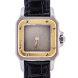A Cartier bi-metal Santos self-winding wristwatch, Ref 09025 1784, 24 x 26mm, black leather strap