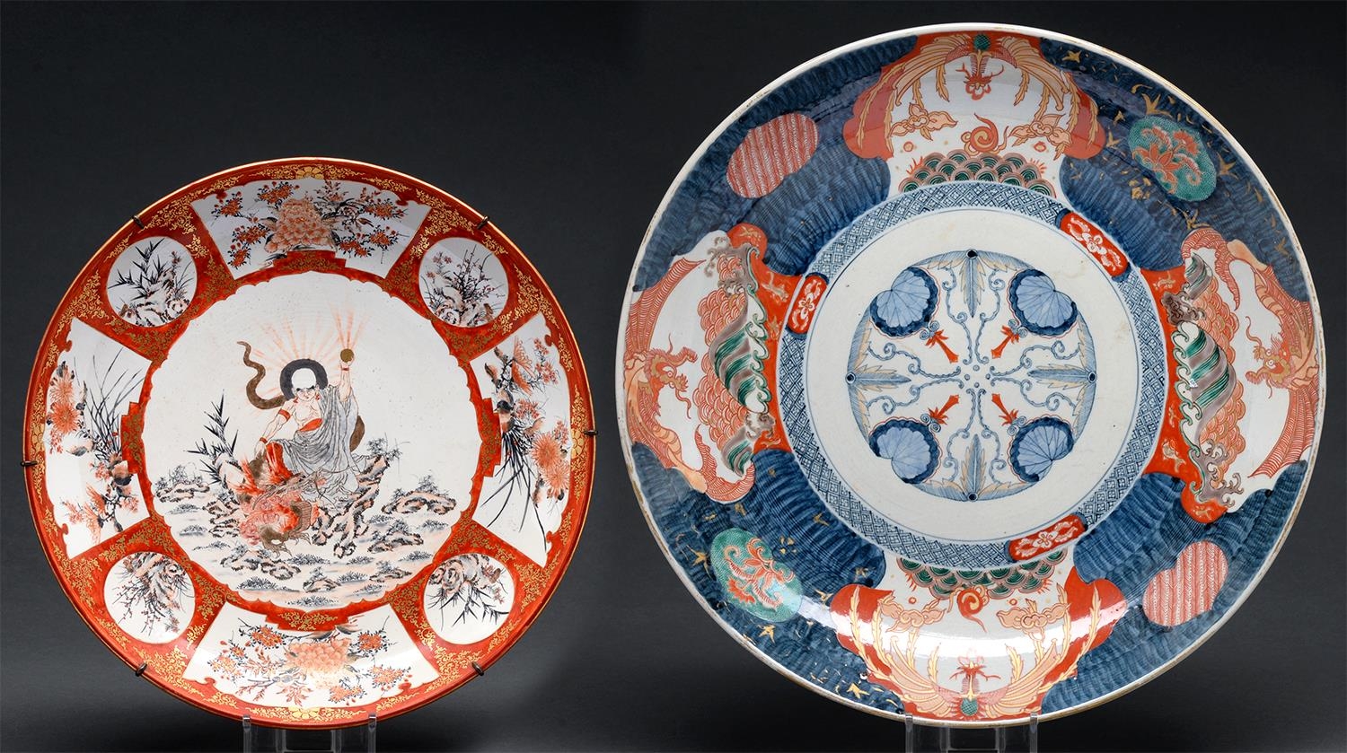 A Japanese Imari dish, late Edo period, painted on the underside with trailing peony, 47cm and a