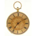 A Swiss gold cylinder lady's watch, B & L Baume Geneve, c1870, with engraved dial, engine turned and