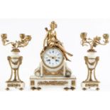 An ormolu mounted  marble  garniture de cheminee, 19th c,   the clock with drum shaped case topped