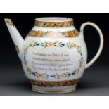 A pearlware tea or punch pot, c1820, globular with straight spout, transfer printed in sepia and
