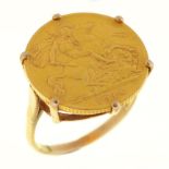 Gold coin. Half sovereign 1914, set in a 9ct gold ring, 6.3g, size O½ Wear consistent with age