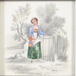 English School, early 19th c - The Milkmaid; The Cottage Gate, a pair, watercolour, 10 x 10cm,