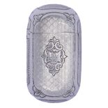 A Russian silver vesta case, engine turned to each side, the front engraved with cartouche, 63mm,