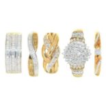 Five gold rings, variously gem set, 15.2g, various sizes
