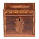 A George III mahogany and inlaid tea caddy, with shell patera and geometric borders, 10.5cm l