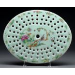 A Chinese Canton celadon ground famille rose drainer, 19th c, 32cm l Gilding rubbed but undamaged