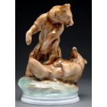 A Zsolnay porcelain group of brown bears, mid 20th c, 29.5cm h, green printed mark Good condition