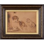 Pyrography. A Victorian poker-work picture of a mastiff and another dog at a kennel, 19 x 27cm