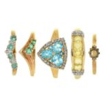 Five gold rings, variously gem set, 9.6g, various sizes Good condition