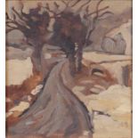 English School, early 20th c - Winter Landscape with Winding Lane, signed with initials MD, oil on