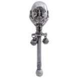 A Victorian EPNS Humpty Dumpty novelty baby's rattle, hung with bells, handle engraved VICTORIA