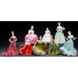 Eight Royal Doulton, Coalport and Royal Worcester bone china figure of young women, late 20th c,