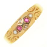 A Victorian ruby and split pearl ring, in 18ct gold, Birmingham 1900, 2g, size P Wear consistent