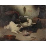 Edward Armfield (1817-1896) - Three Terriers in a Cellar,  signed, oil on canvas, 69.5 x 90cm The