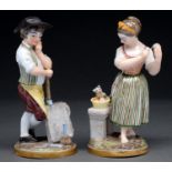 Two Niderviller figures of a youth and girl, late 18th c, the young stonemason posed thoughtfully