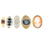 Five gold rings, variously gem set, 15.6g, various sizes Good condition