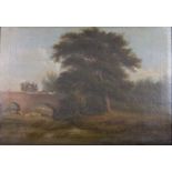 English School, early 19th c - Wooded Landscape with a Stagecoach Crossing a Bridge, oil on