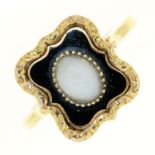 A Victorian split pearl gold and black enamel mourning brooch adapted as a ring, marked 18ct, 4.