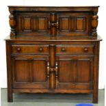 An antique style stained ash court cupboard,  124cm h; 45 x 122 Good condition