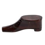 A Victorian carved mahogany shoe shaped snuff box, with sliding lid and brass pin decoration, 11.5cm