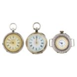 Three Swiss silver cylinder lady's watches, c1900 Movements untried, back of one watch detached