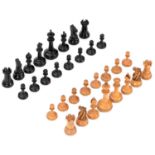 A Victorian boxwood and ebony chess set, Staunton pattern, Jaques & Son, late 19th c, kings 88mm,