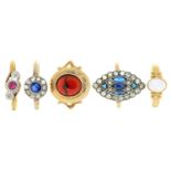 Five gold rings, variously gem set, 11.7g, various sizes All complete, in good condition with some