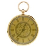 A Swiss 18ct gold cylinder watch,  late 19th c, with engraved dial, the case engraved with flowers