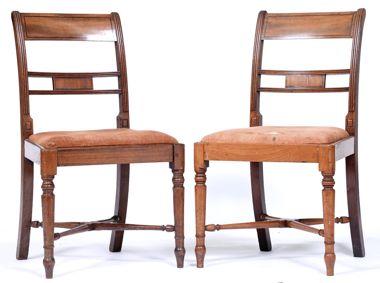 A pair of George III mahogany dining chairs, with tablet centred back rail and slip seat, on