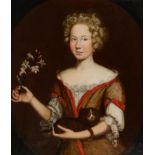 English School, late 17th c - Portrait of Marthe de Beauvoir, half length in a red trimmed and