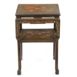 A Chinese lacquer table, c1900, decorated with a bird, insects and tree peony on a chocolate ground,