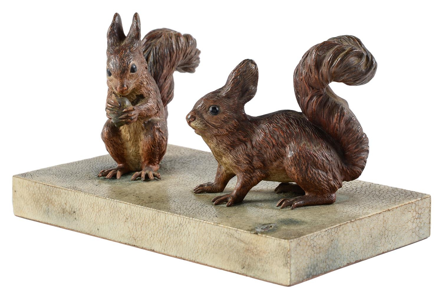 Two Viennese cold painted bronze sculptures of red squirrels, early 20th c,  mounted on shagreen - Image 2 of 2