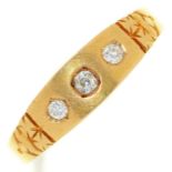 A Victorian three stone diamond ring, in 18ct gold, Chester 1888 or 89, 3.2g, size Q Light wear