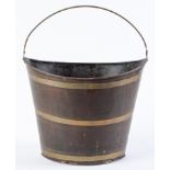 A Dutch brass bound faux wood painted tinplate bucket, late 19th c, with brass swing handle, 31cm