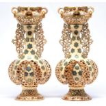 A pair of Fischer vases, late 19th c, applied with reticulated, crescentic bosses, the waisted