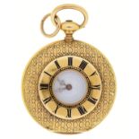 A Swiss gold half hunting cased cylinder lady's watch, late 19th c,  with enamel dial, in engine