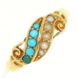 A Victorian split pearl and turquoise ring, in gold marked 18ct, 3g, size O Good condition. Note one