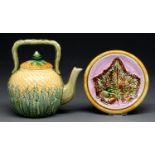 A Victorian majolica pineapple moulded kettle, cover and contemporary stand, 17cm h Good condition