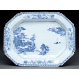 A Chinese export blue and white deep dish, late 18th c, painted with a landscape with temple, the