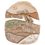 Valerie Jackson (20th c) - Flint Cottages at Salthouse, stoneware relief back on hessian, circa 42 x