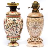 A Zsolnay oil lamp and base, late 19th c, decorated with stylised flowers, 38cm h, impressed and