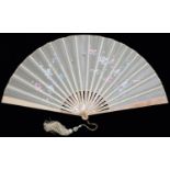 Two French mother of pearl fans, c1900, the silk or gauze leaf painted with flowers, one signed with