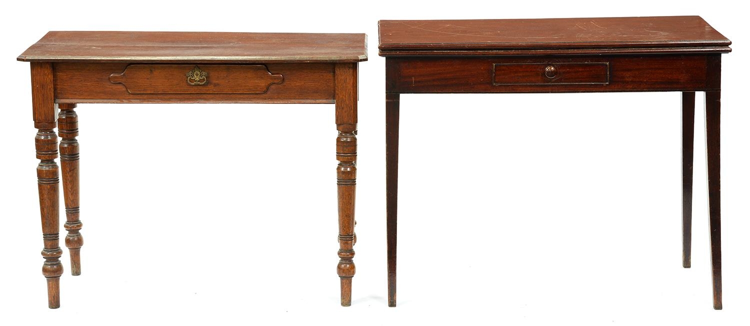 A George III  mahogany tea table,  on square tapered legs, 73cm h;45 x 91cm and an Edwardian oak