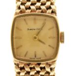 A Beuche-Girod 9ct gold cushion shaped lady's wristwatch, 17 x 17mm, gold mesh bracelet and engraved