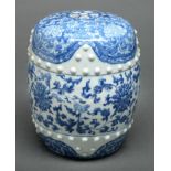 A Chinese blue and white garden seat, Qing dynasty, late 19th c, of typical barrel shape with two